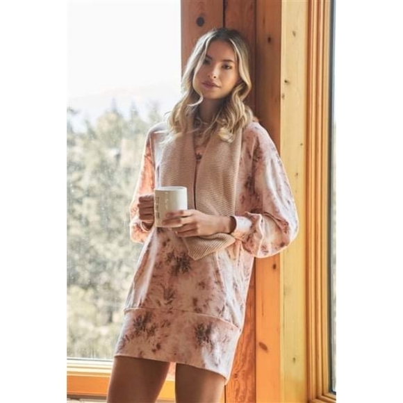 Tie-Dye Hoodie Lounge Sweatshirt Dress Long Sleeve Hooded Pockets - Picture 9 of 12